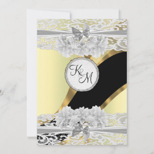 Chic gold elegant white lace monogram wedding invitation