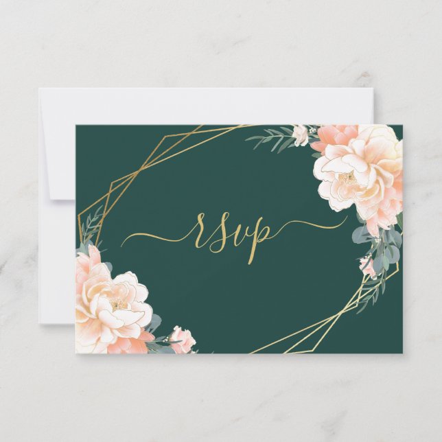 Chic Gold Emerald Green Blush Peach Floral Wedding RSVP Card (Front)
