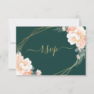 Chic Gold Emerald Green Blush Peach Floral Wedding RSVP Card