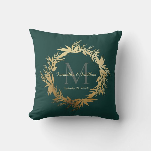 Chic Gold Emerald Green Monogram Wedding Keepsake Throw Pillow (Front)