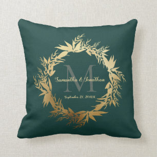Chic Gold Emerald Green Monogram Wedding Keepsake Throw Pillow