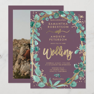 Chic gold eucalyptus purple photo script wedding invitation