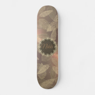 Chic Gold Feathers on Gold Rose Personalized Skateboard
