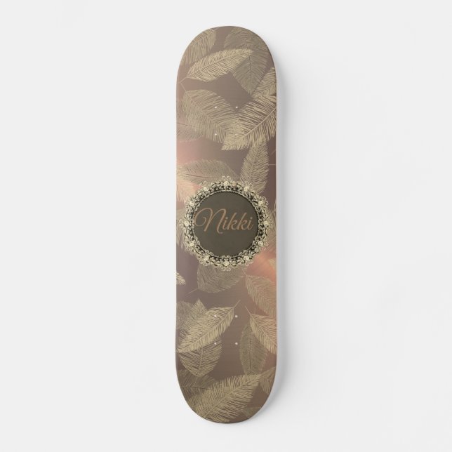 Chic Gold Feathers on Gold Rose Personalized       Skateboard (Front)