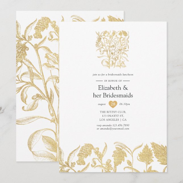 Chic Gold Floral Bridesmaids Luncheon Invitation (Front/Back)
