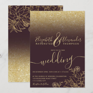 Chic gold floral glitter burgundy script wedding invitation