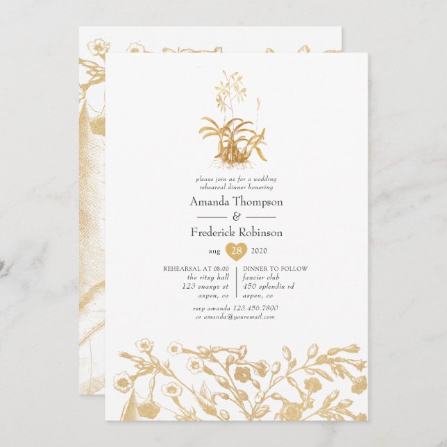 Chic Gold Floral Rehearsal Dinner Invitation (Front/Back)