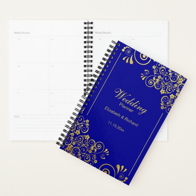 Chic Gold Floral Swirls Navy Blue Wedding Planner (Display)