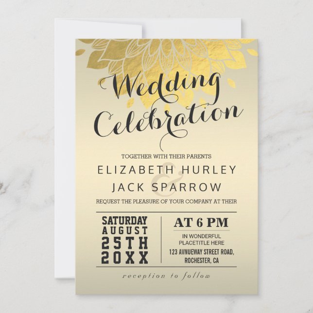 Chic Gold Floral Wedding Celebration Invitation (Front)