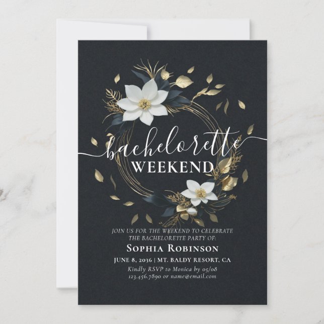 Chic Gold Floral Wreath Bachelorette Party Weeken Invitation (Front)