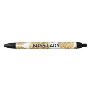 Chic Gold Flowers Black Ink Pen