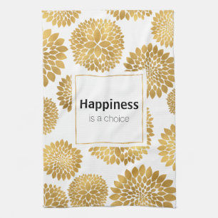 Chic Gold Flowers Happiness Kitchen Towel