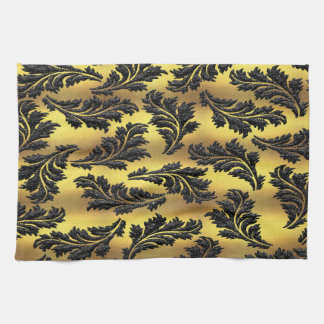 Chic Gold Foil Black Glitter Leaves Kitchen Towel