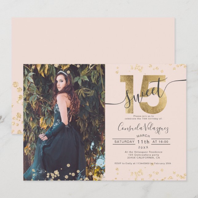Chic gold foil confetti photo blush Quinceanera Invitation (Front/Back)