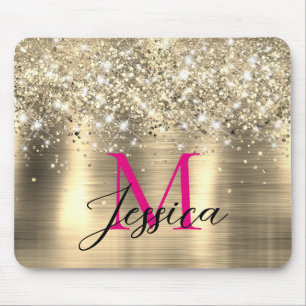 Chic Gold Foil Faux Glitter Hot Pink Monogram Mouse Pad