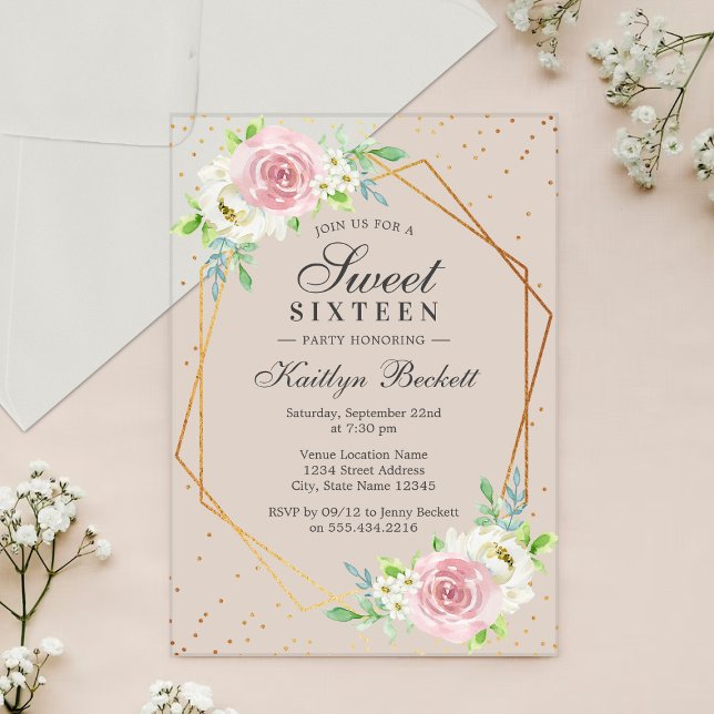 Chic Gold Foil Floral Sweet 16 Birthday Acrylic Invitations (Creator Uploaded)