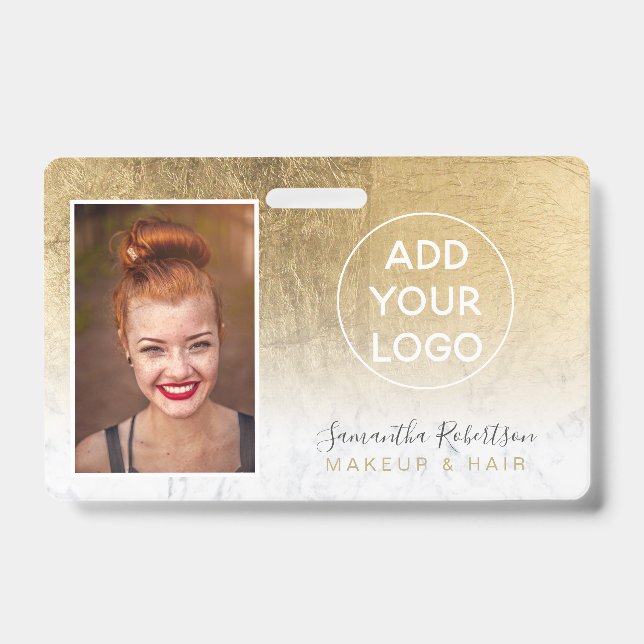 Chic gold foil marble logo employee photo pass badge (Front)