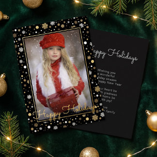 Chic Gold Foil On Black Holiday Family Photo Card
