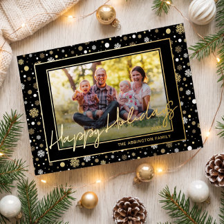 Chic Gold Foil On Black Holiday Family Photo Card