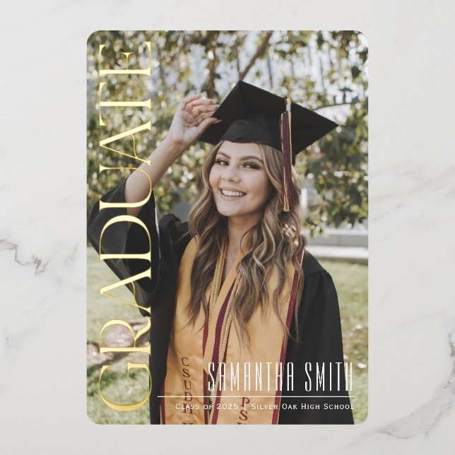 Chic gold foil Photo Graduation announcement cards (Front)