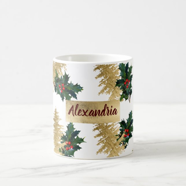 Chic gold foil red green holly ivy christmas tree coffee mug (Center)