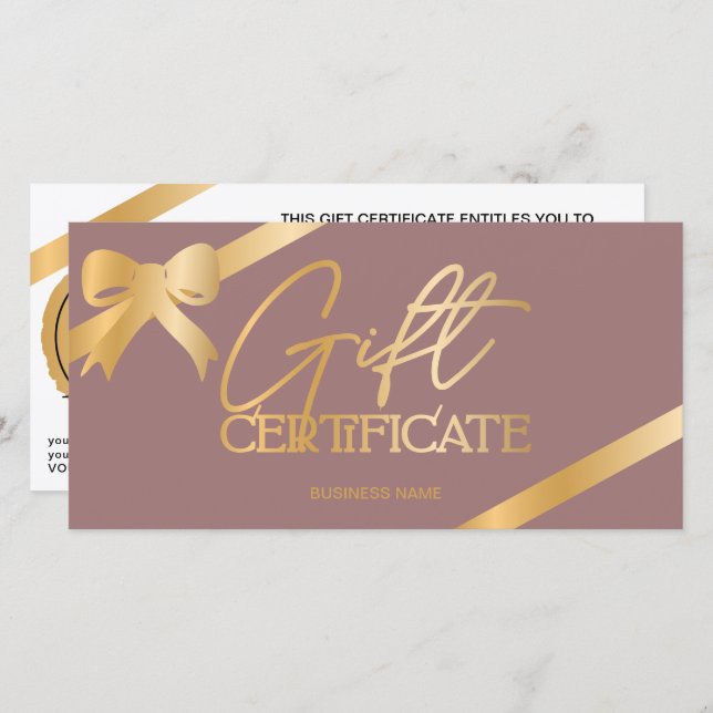 Chic gold foil ribbon dusty logo gift certificate (Front/Back)