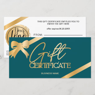 Chic gold foil ribbon teal logo gift certificate