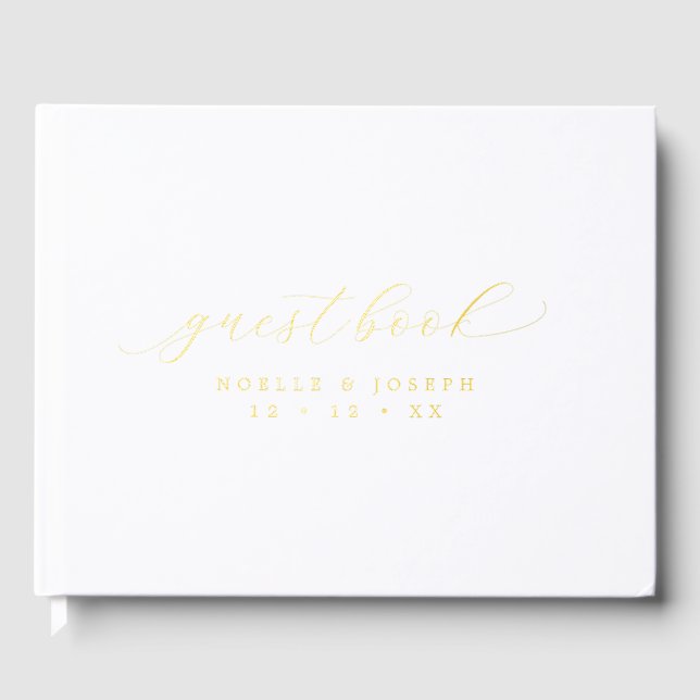 Chic Gold Foil & White Elegant Calligraphy Wedding Guest Book (Front)