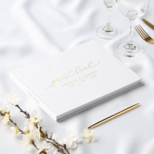 Chic Gold Foil & White Elegant Calligraphy Wedding Guest Book