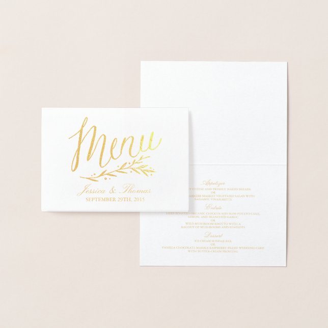 Chic Gold Foil & White Wedding Menu Card Template (Display)