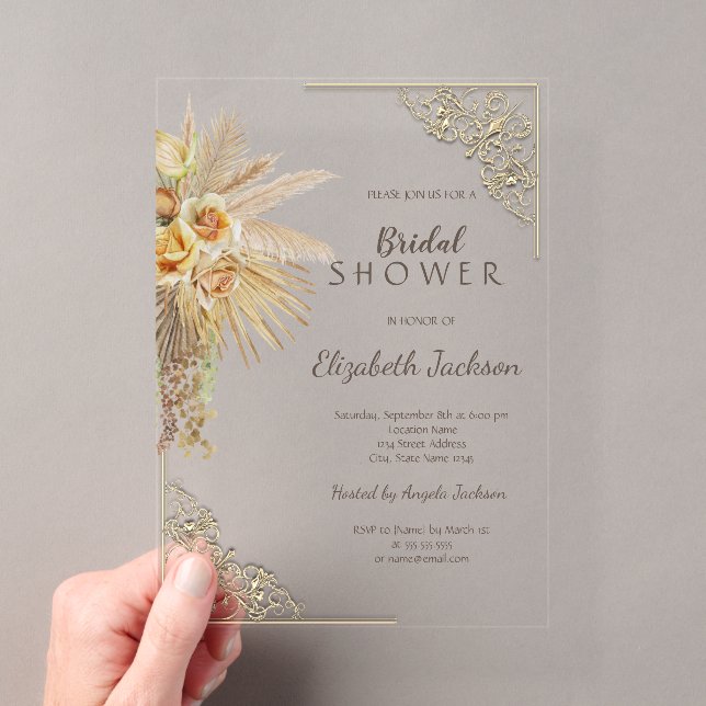 Chic Gold Frame Boho Flowers Bridal Shower Acrylic Invitations (Insitu (Handheld))