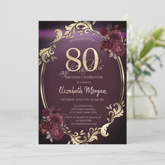 Chic Gold Frame Burgundy Roses 80th Birthday Invitation (Standing Front)