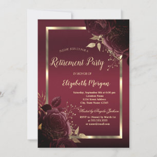Chic Gold Frame Dark Red Roses Retirement Invitation
