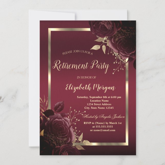 Chic Gold Frame Dark Red Roses Retirement Invitation (Front)