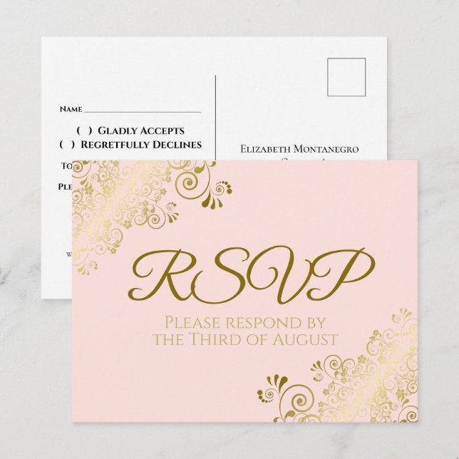 Chic Gold Frills on Blush Pink Wedding RSVP Postcard (Front/Back)