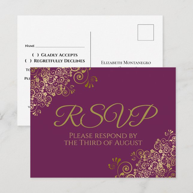 Chic Gold Frills on Cassis Purple Wedding RSVP Postcard (Front/Back)