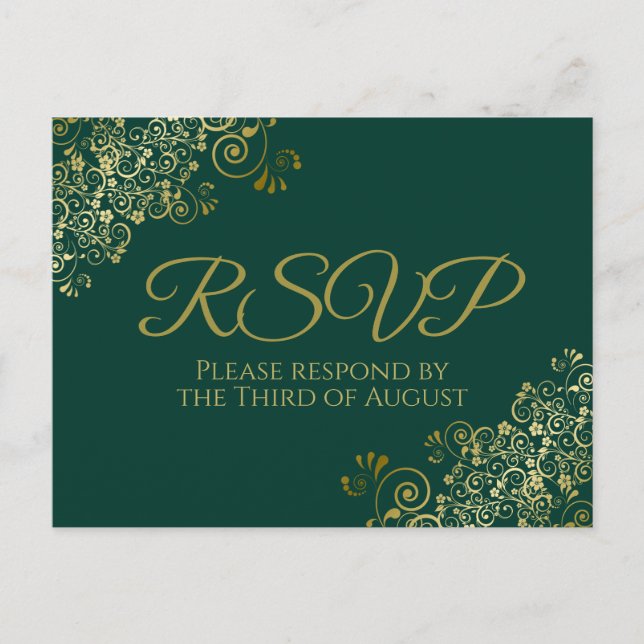 Chic Gold Frills on Emerald Green Wedding RSVP Postcard (Front)