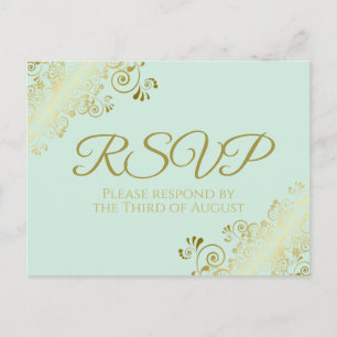 Chic Gold Frills on Neo Mint Green Wedding RSVP Postcard
