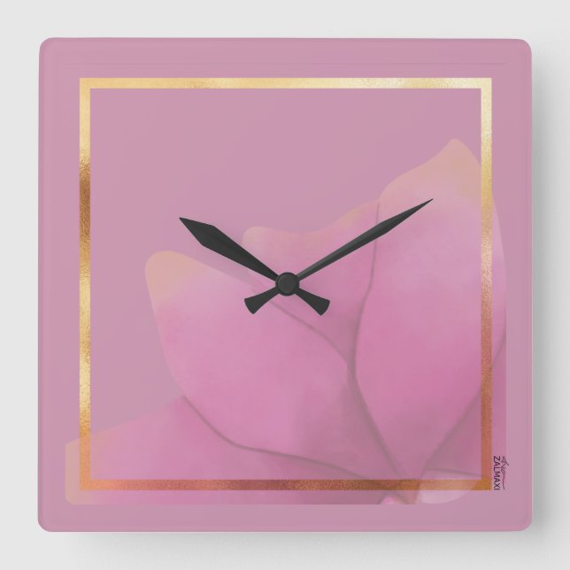 Chic Gold Fuchsia Abstract Floral Frame Square Wall Clock (Front)
