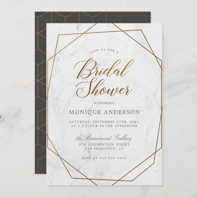 Chic Gold Geometric Art Deco Marble Bridal Shower Invitation (Front/Back)