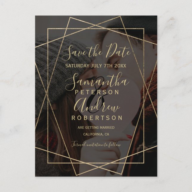 Chic gold geometric script photo save the date announcement postcard (Front)