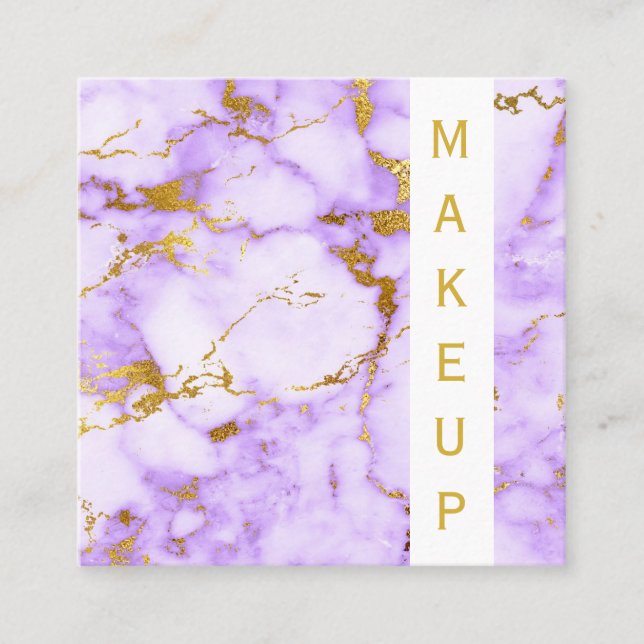*~* Chic Gold Girly Purple Marble Makeup Popular Square Business Card (Front)