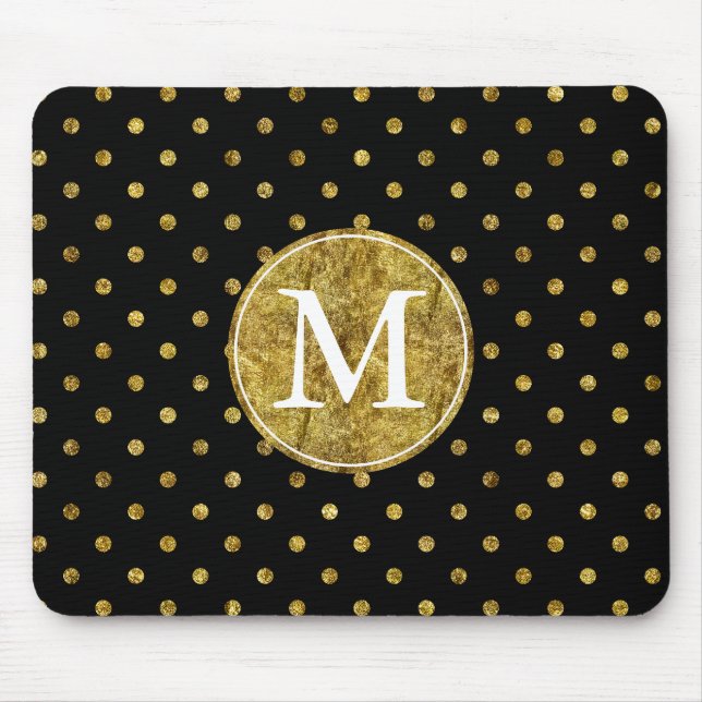 Chic Gold Glam and Black Dots monogram Mouse Pad (Front)