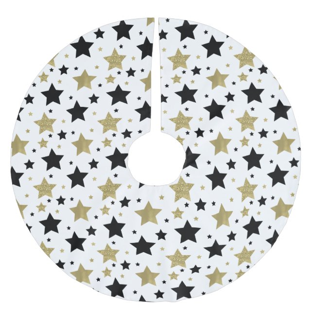 Chic Gold Glam and Black Stars Brushed Polyester Tree Skirt (Front)
