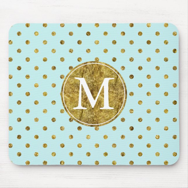 Chic Gold Glam and Blue Dots monogram Mouse Pad (Front)