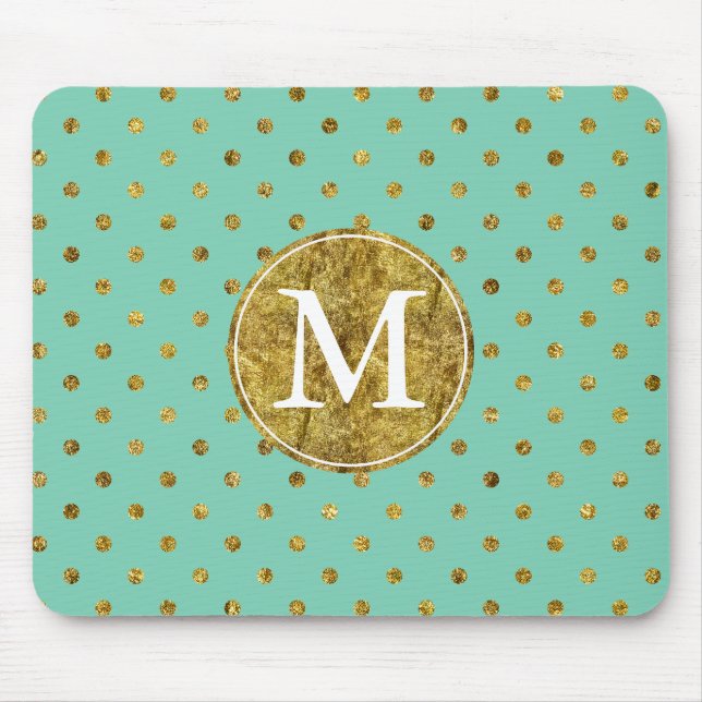 Chic Gold Glam and Mint Dots monogram Mouse Pad (Front)