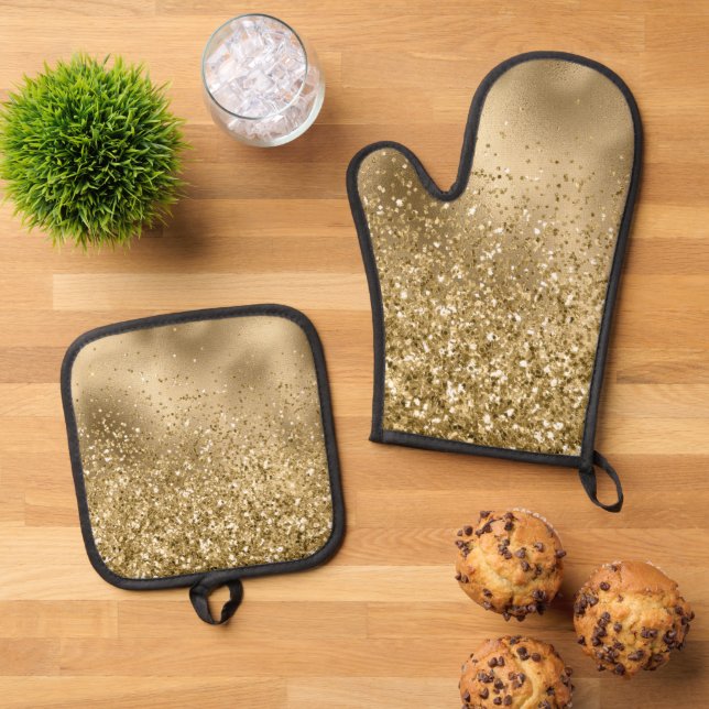 Chic Gold Glam Glitzy Glitter Wedding Oven Mitt & Pot Holder Set (Top Down)