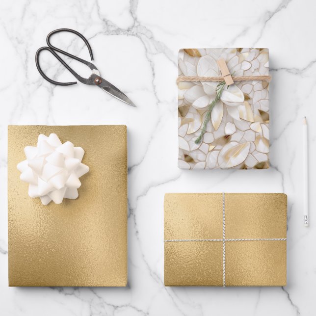 Chic Gold Glam White Lotus Flowers Wedding Wrapping Paper Sheet (Front)