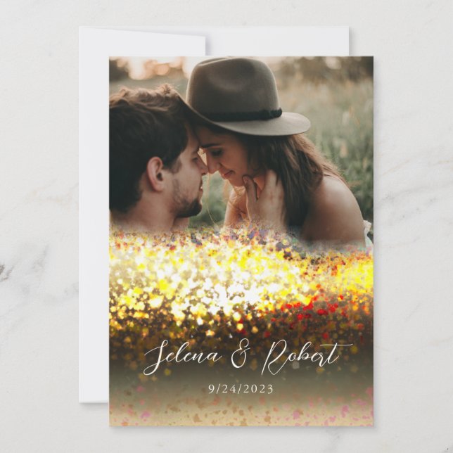 Chic Gold Glitter Abstract Overlay Photo Wedding Invitation (Front)