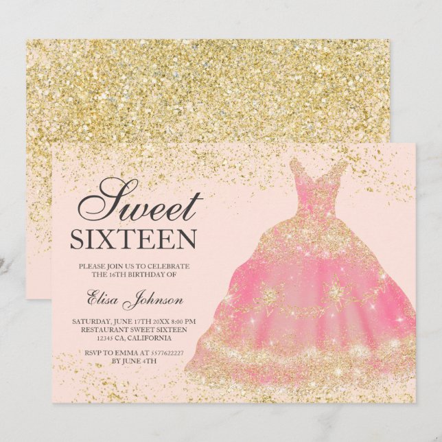 Chic gold glitter blush pink dress Sweet 16 Invitation (Front/Back)